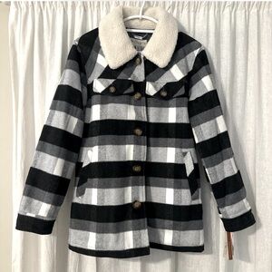UGG Black and White Plaid Coat with Shearling Collar